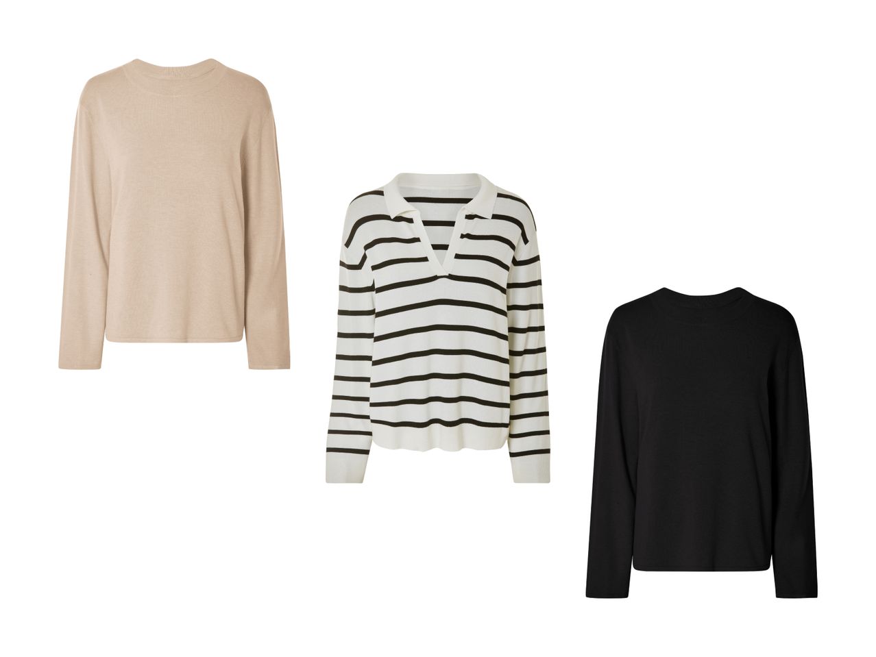 Tre striktrøjer: en beige, en hvid og sort stribet med krave, og en sort.
