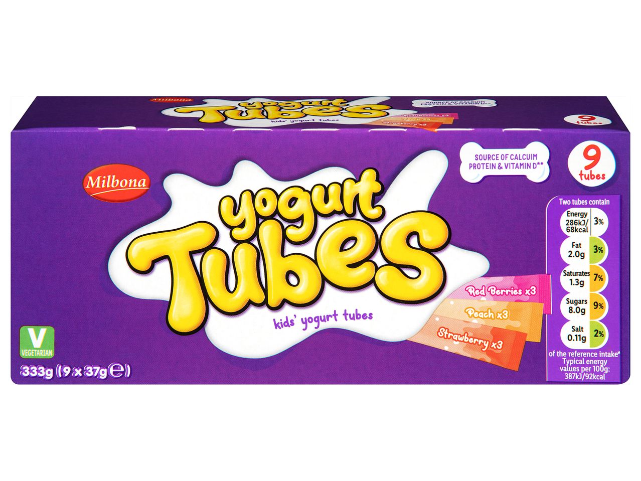 Milbona Yogurt Tubes: A box of nine kids' yogurt tubes in red berries, peach, and strawberry flavors.
