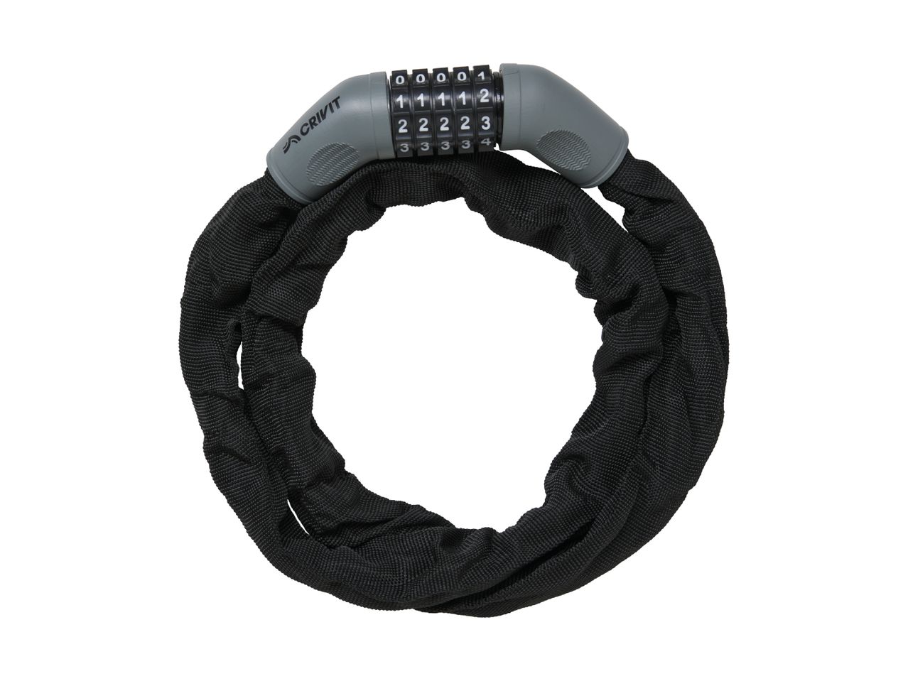 Black bicycle chain lock with a grey combination lock
