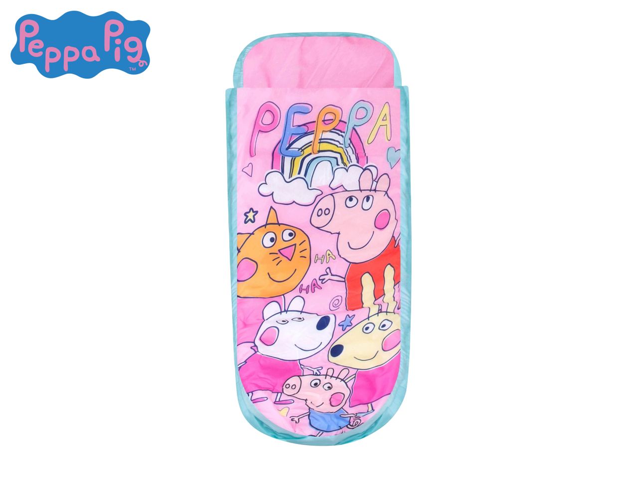 Pink sleeping bag with cartoon animal characters and a rainbow design.