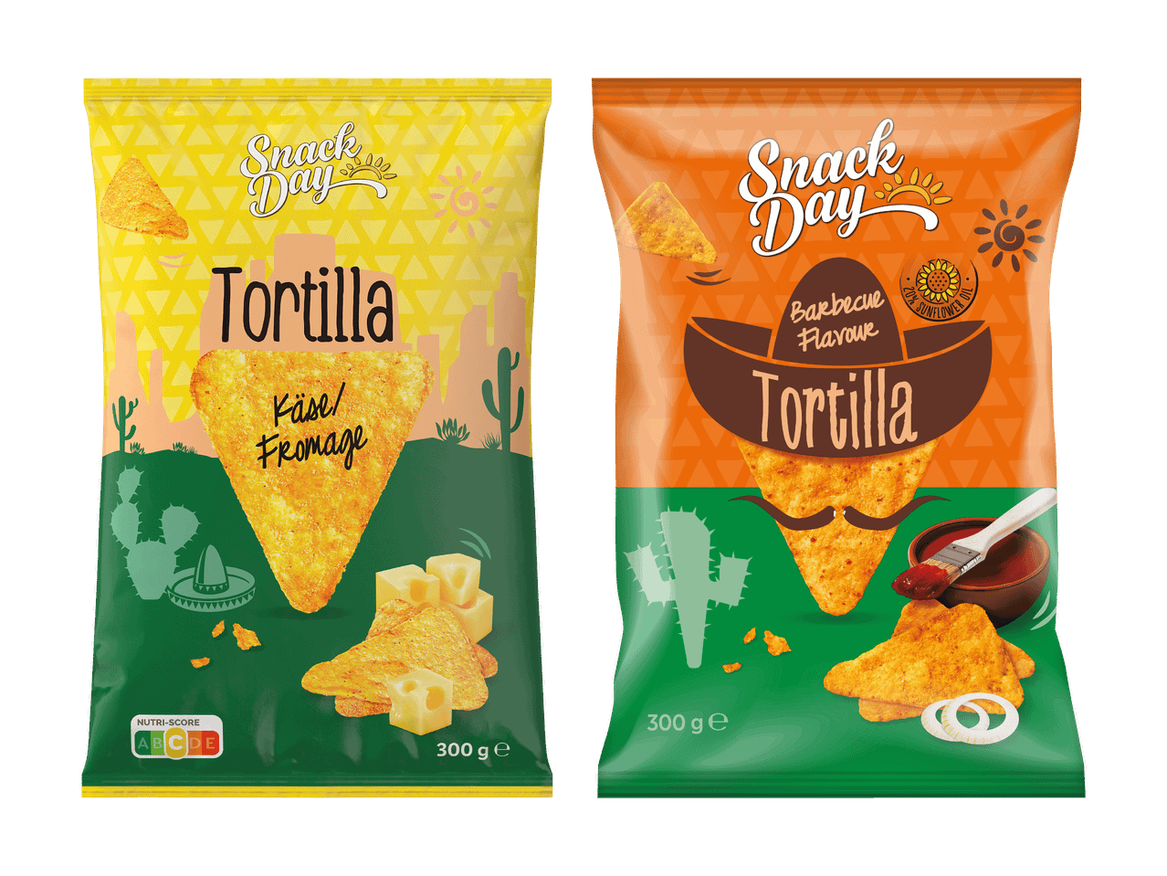 Due confezioni di tortilla chips: gusto formaggio e gusto barbecue, entrambe da 300g.
