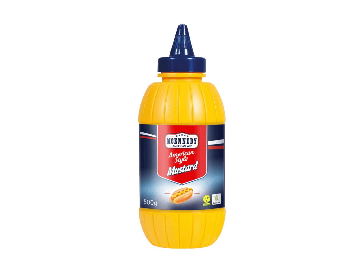 Bouteille de moutarde jaune avec une étiquette bleue et rouge, affichant 'American Style Mustard'.