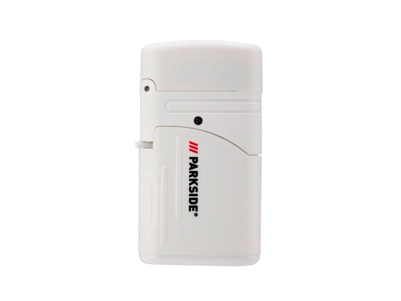 Un misuratore di distanza laser Parkside bianco su sfondo bianco.