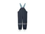 Dark blue waterproof overalls with light blue straps and reflective stripes.