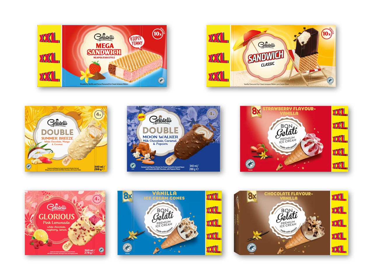 Et udvalg af isprodukter, herunder sandwichis, ispinde og isvafler, i forskellige smagsvarianter og pakningsstørrelser.