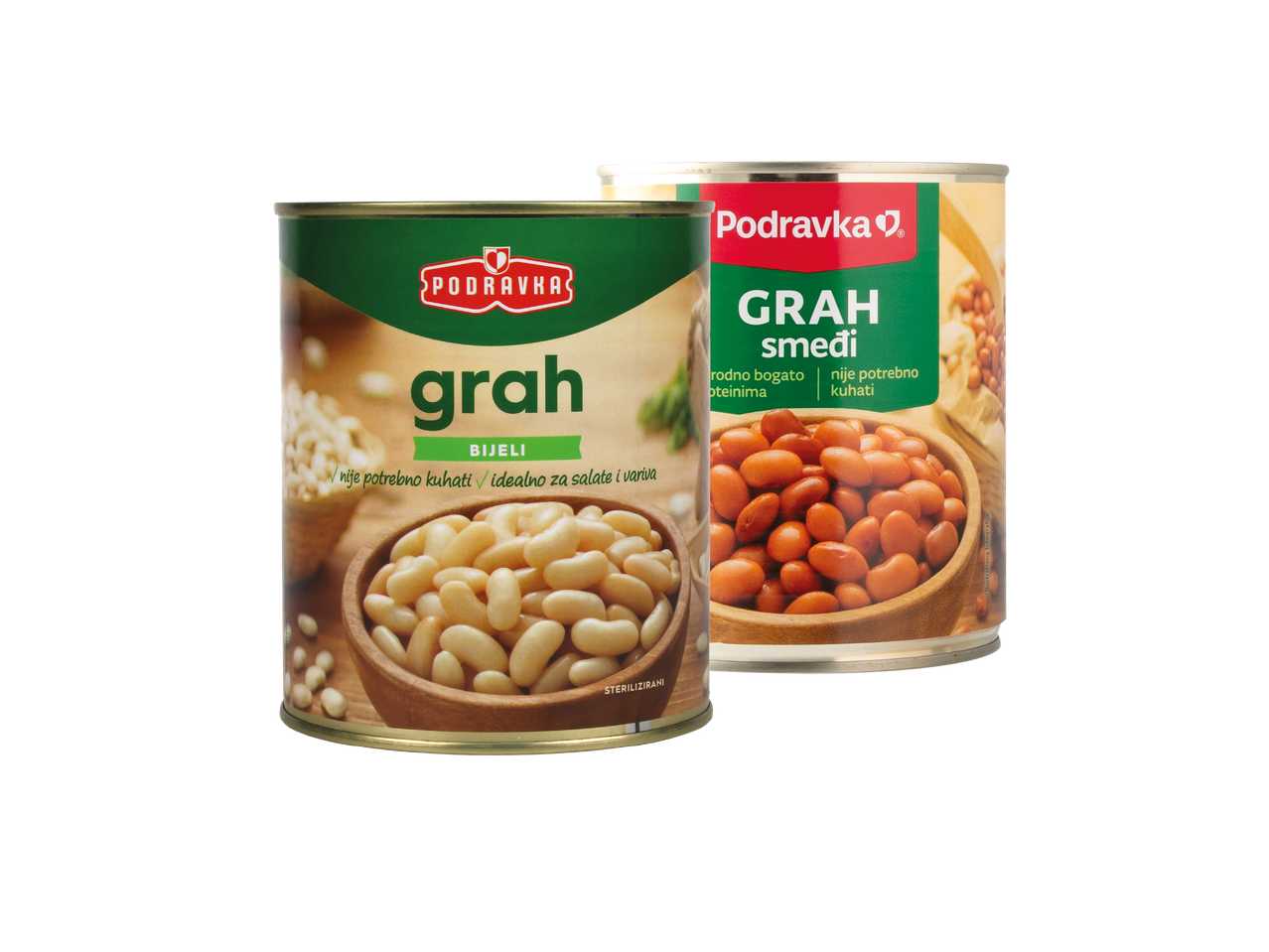 Podravka grah bijeli i smeđi u konzervi.
