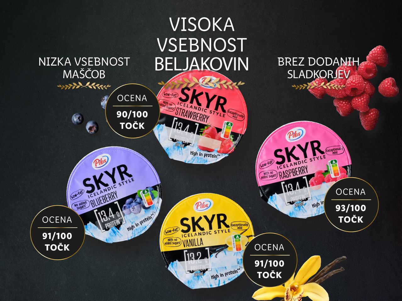 Štiri posodice jogurta Skyr z okusi jagode, borovnice, vanilije in maline, z ocenami in poudarki na visoki vsebnosti beljakovin.