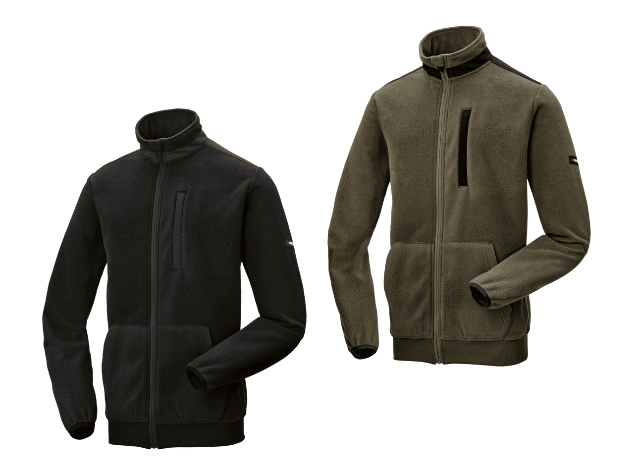 Miesten fleece-takit mustana ja oliivinvihreänä.