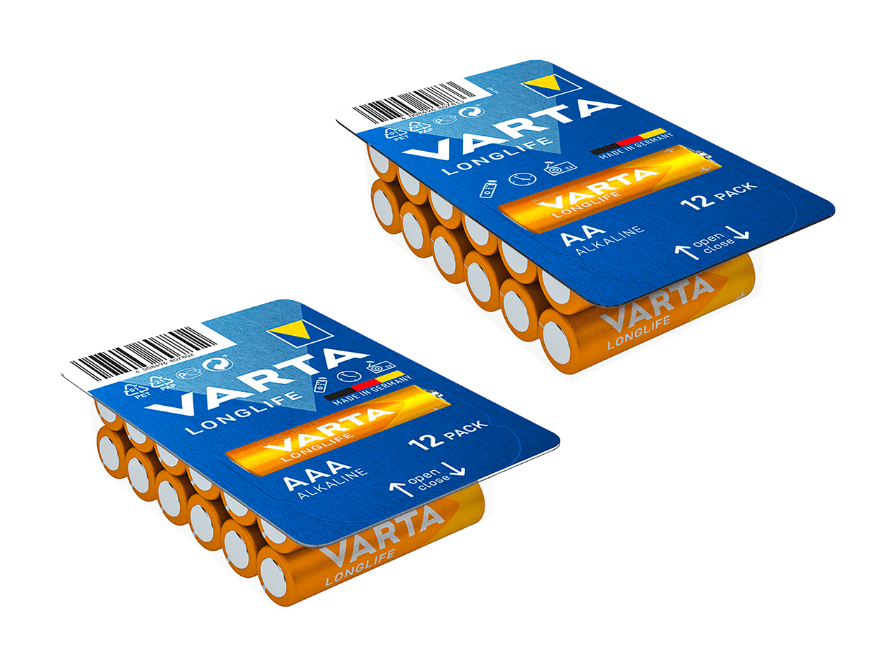 Deux paquets de 12 piles alcalines VARTA Longlife, un AA et un AAA.