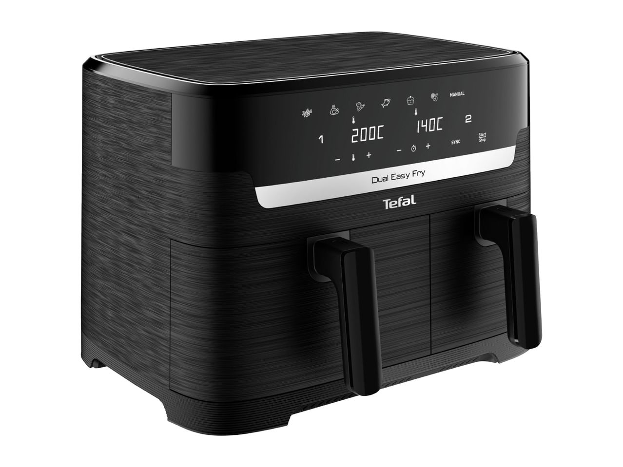 Black dual air fryer with digital display showing temperatures and cooking modes.