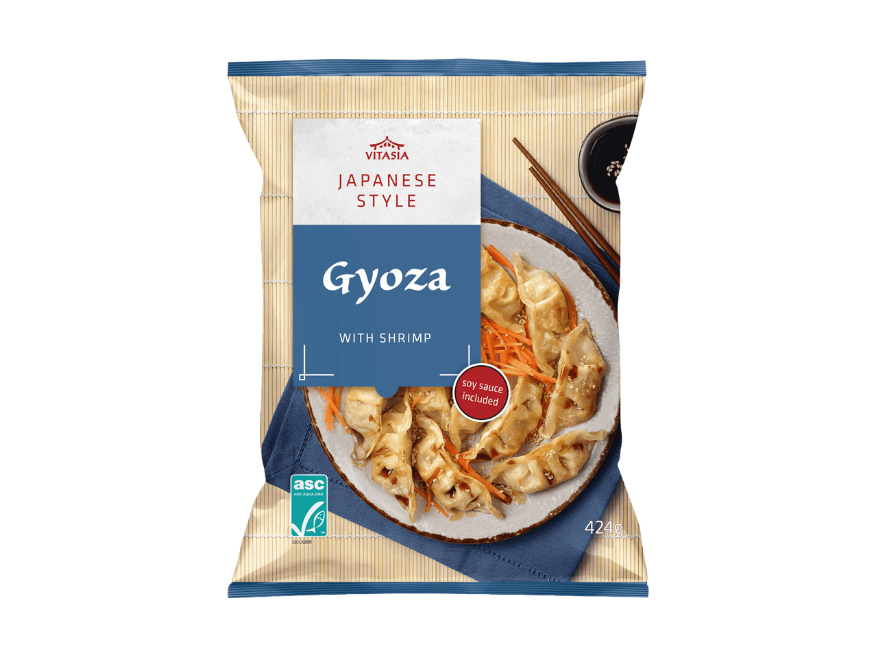 Paquet de gyoza japonais aux crevettes, sauce soja incluse, 424g.