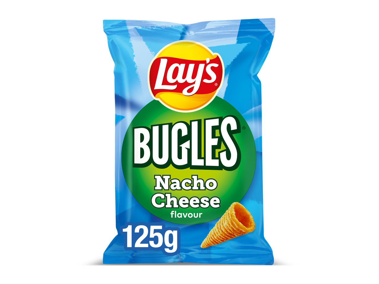 Zak Bugles Nacho Cheese chips van 125g met een enkele chip ernaast.