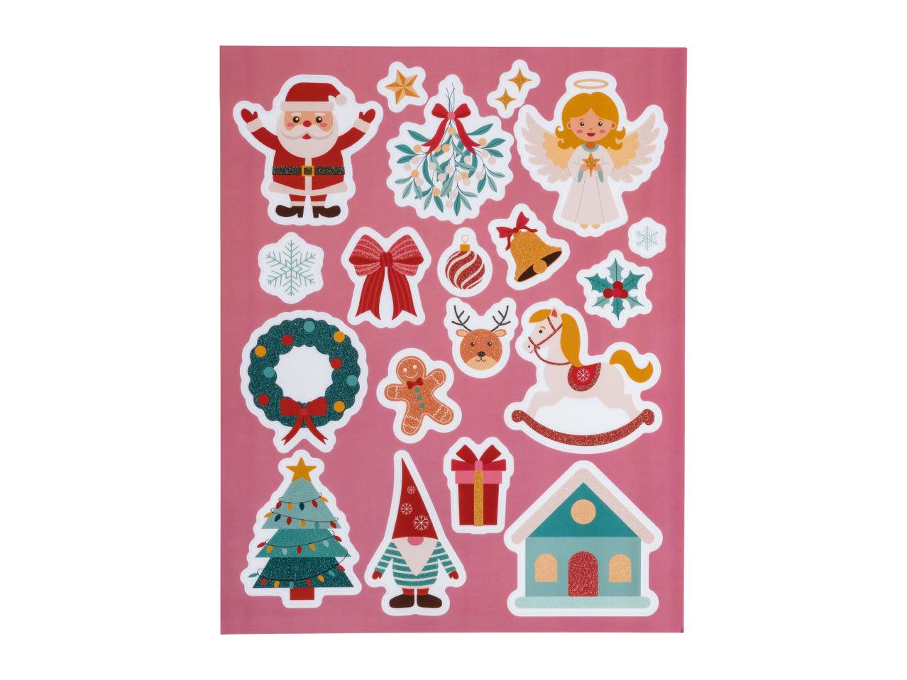 Christmas-themed glitter stickers featuring Santa, an angel, a Christmas tree, and other festive designs.