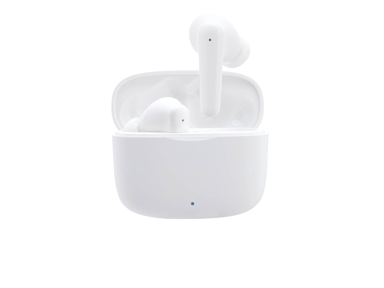 White wireless earbuds in an open charging case