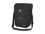 Black waterproof bicycle pannier bag with a roll-top closure and shoulder strap.