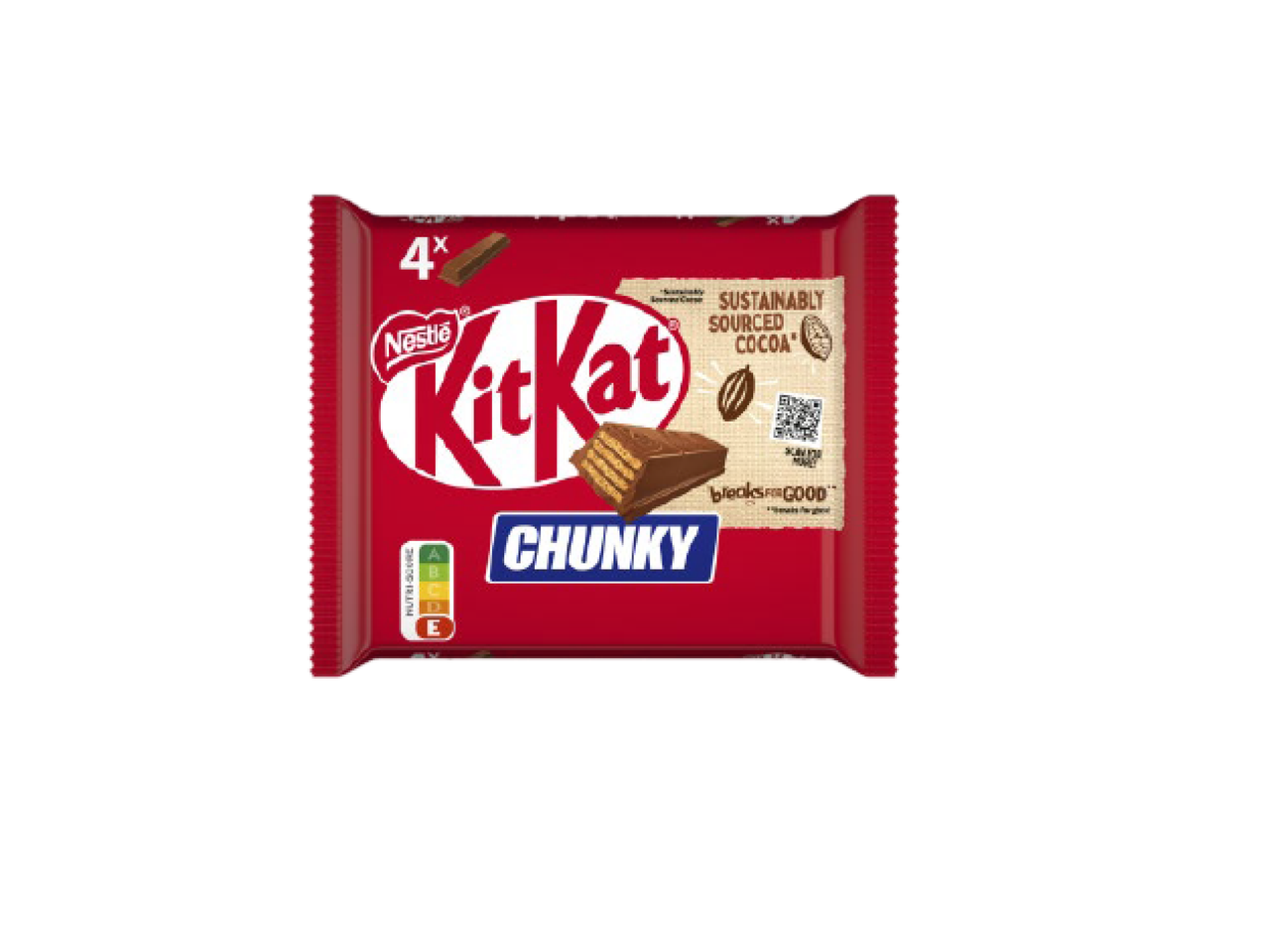 Embalagem de 4 barras de chocolate com a inscrição 'CHUNKY' e 'SUSTAINABLY SOURCED COCOA'.