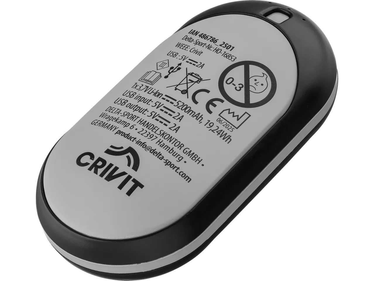 CRIVIT Outdoor handvärmare med produktdetaljer och specifikationer.