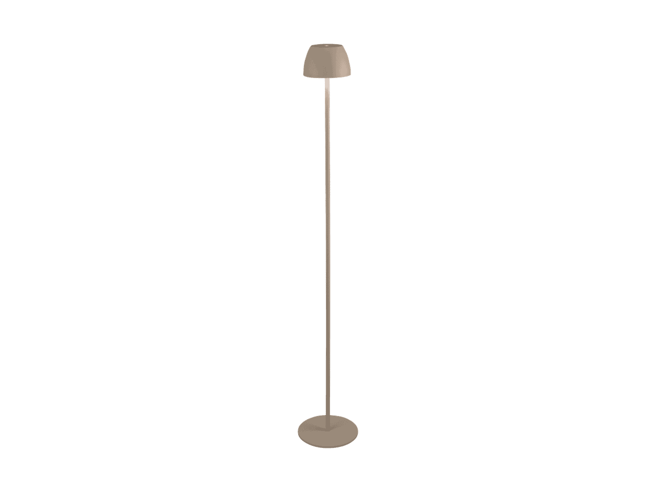 En beige gulvlampe med en rund base og en klokkeformet skærm.