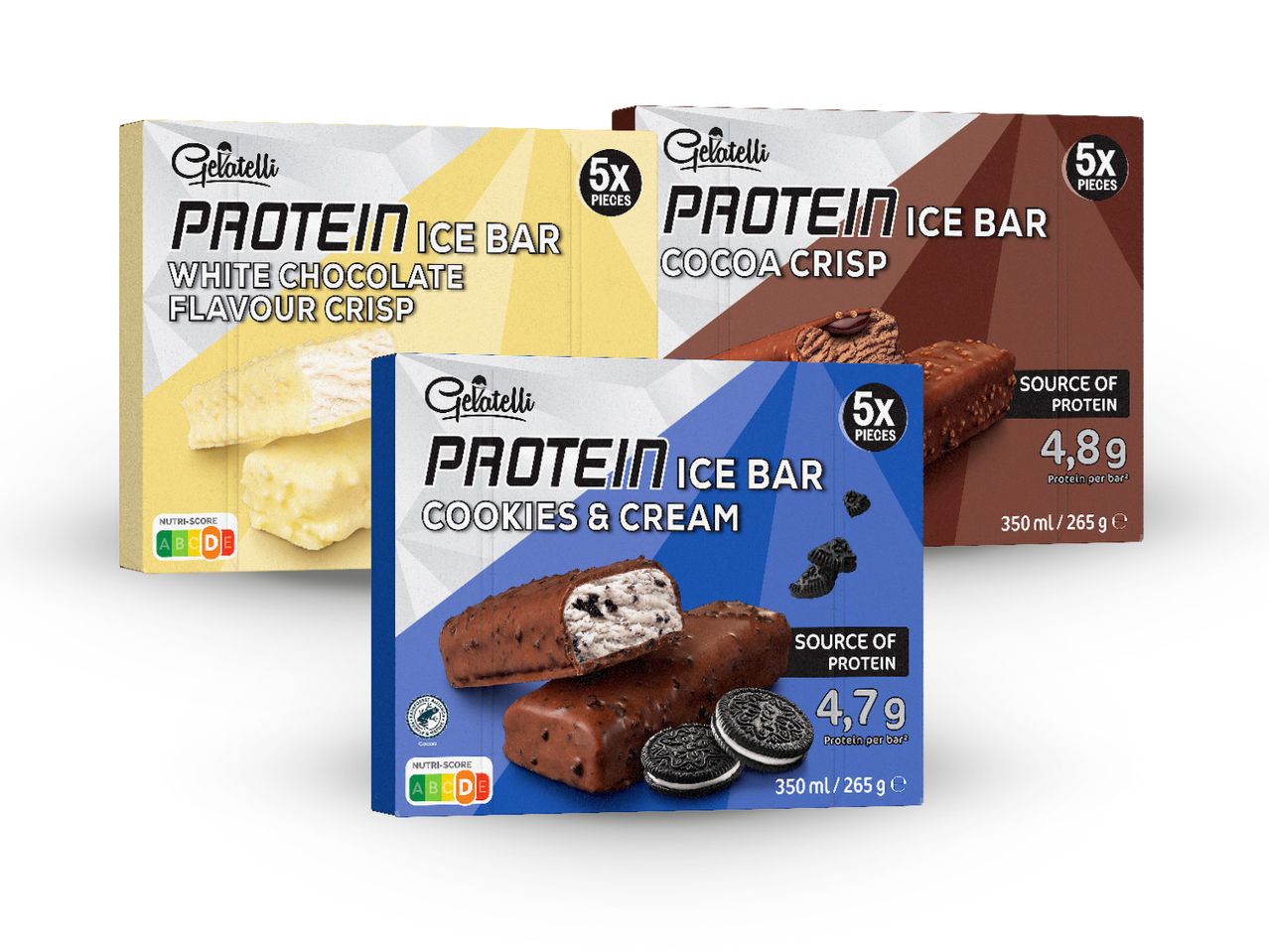 Gelatelli proteinske ledene pločice u okusima bijela čokolada, kakao i kolačići i sladoled.