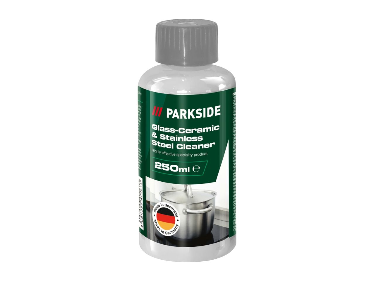 Glass-ceramic and stainless steel cleaner, 250ml bottle, Made in Germany.