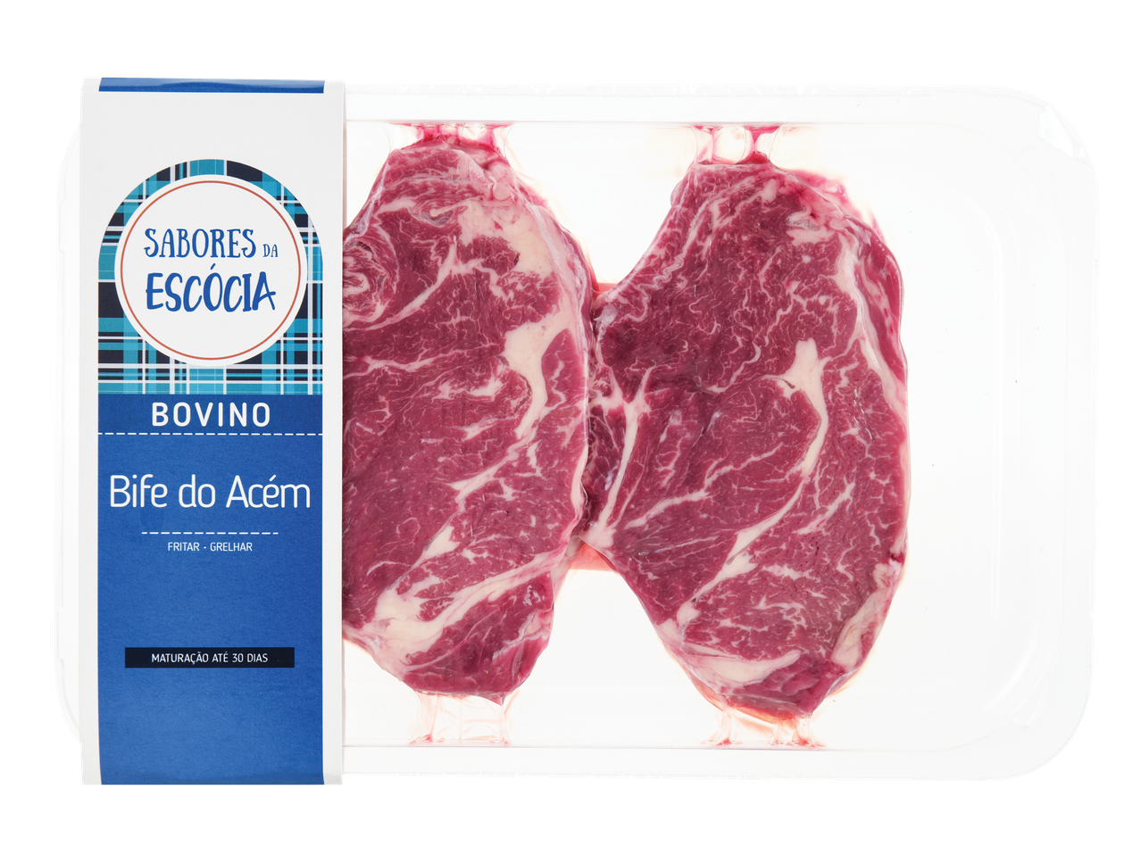 Embalagem de bife do acém de bovino da Escócia, com o rótulo 'Sabores da Escócia'.