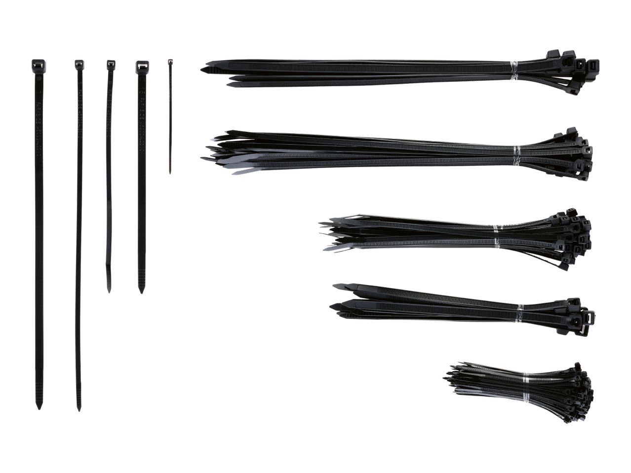 Black cable ties in various sizes, some bundled together, on a white background.