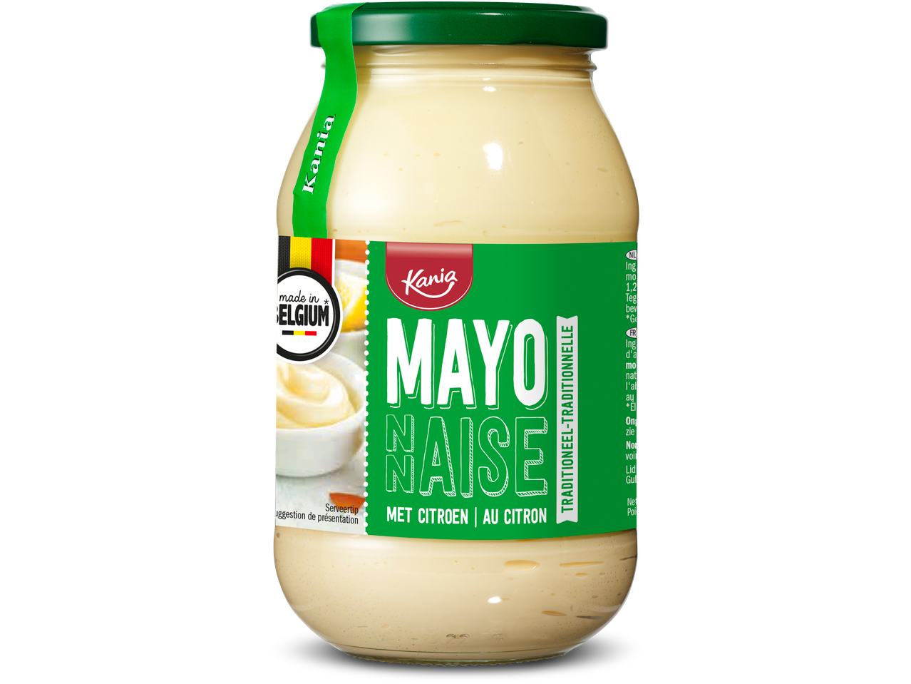 Een pot Kania mayonaise met citroen, traditioneel bereid in België.