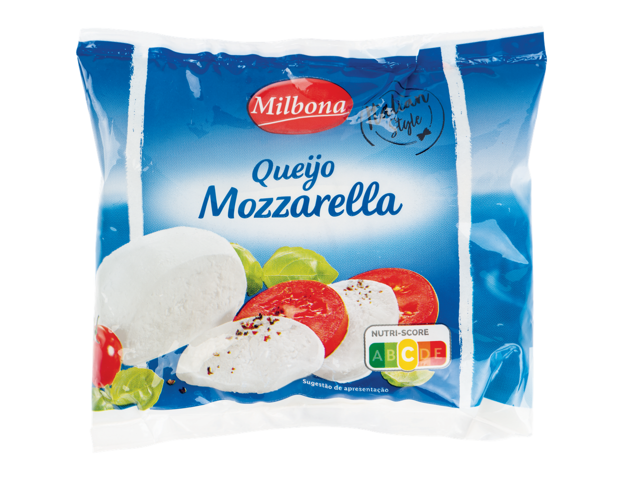 Queijo Mozzarella Milbona em embalagem azul com tomate e manjericão, Nutri-Score A.