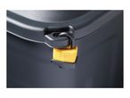 A close-up of a dark gray storage box with a yellow padlock.