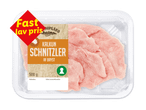 Pakke med kalkunschnitzler af bryst, 500g, med et rødt mærke der siger 'Fast lav pris'.