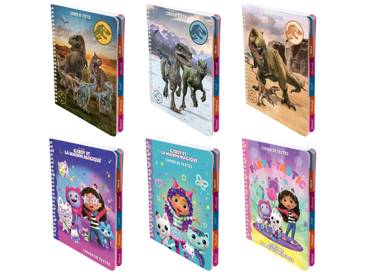 Six cahiers de textes, trois sur le thème des dinosaures et trois sur Gabby et la Maison Magique.