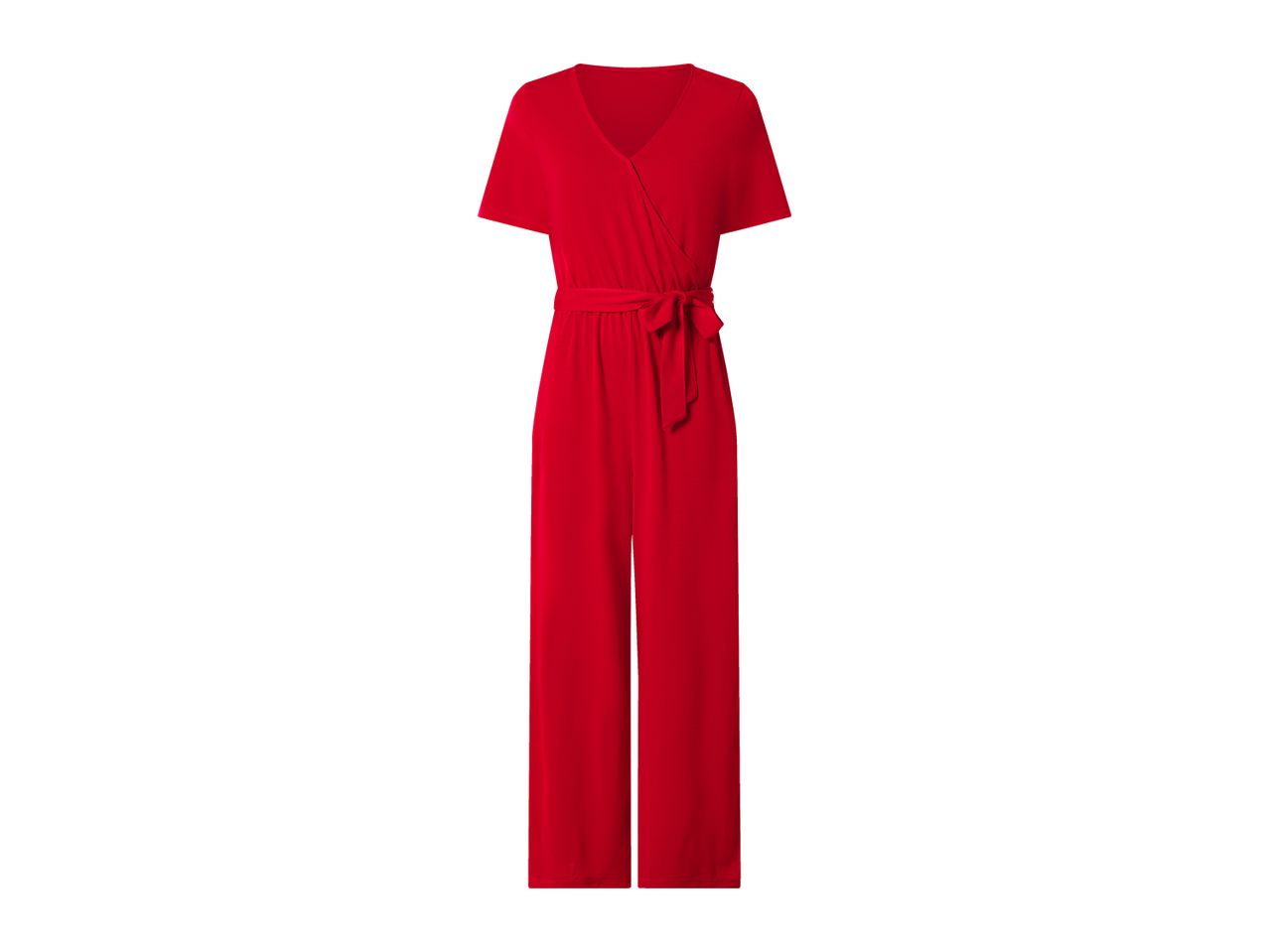 Red short-sleeved jumpsuit with a V-neck and a tie-waist.