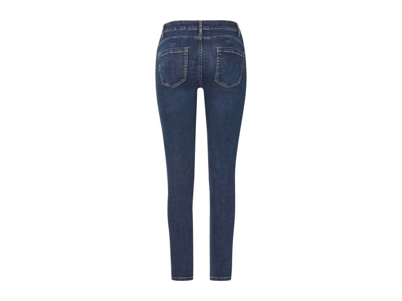 Dark blue denim jeans with a slim fit, viewed from the back.