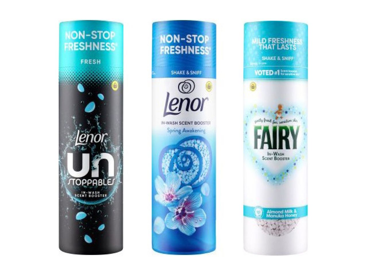 Three in-wash scent boosters, two with 'non-stop freshness' and one with 'mild freshness that lasts'.