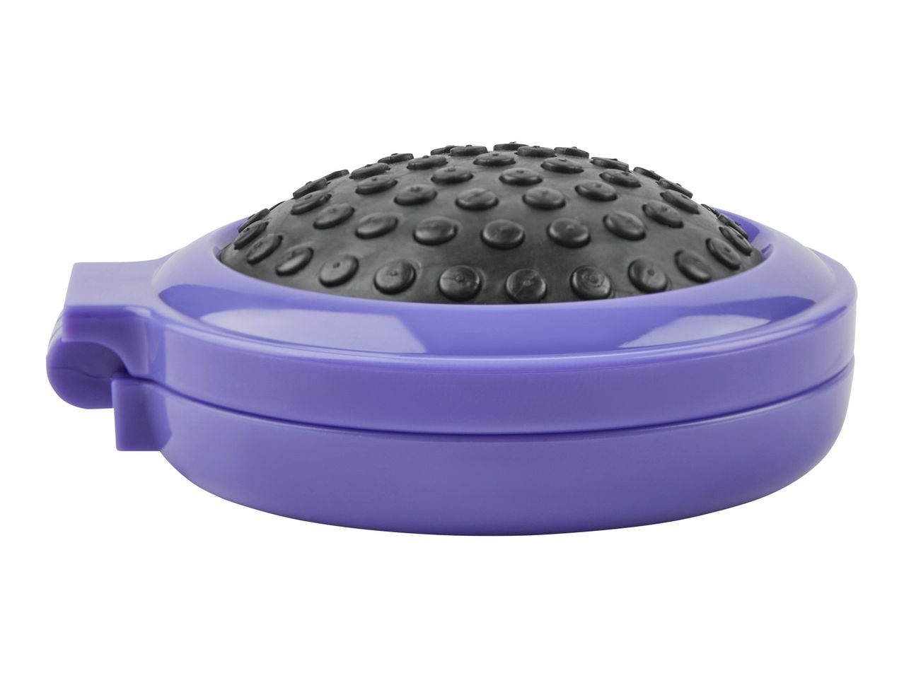 Purple compact hairbrush with a black rubber bristle head.