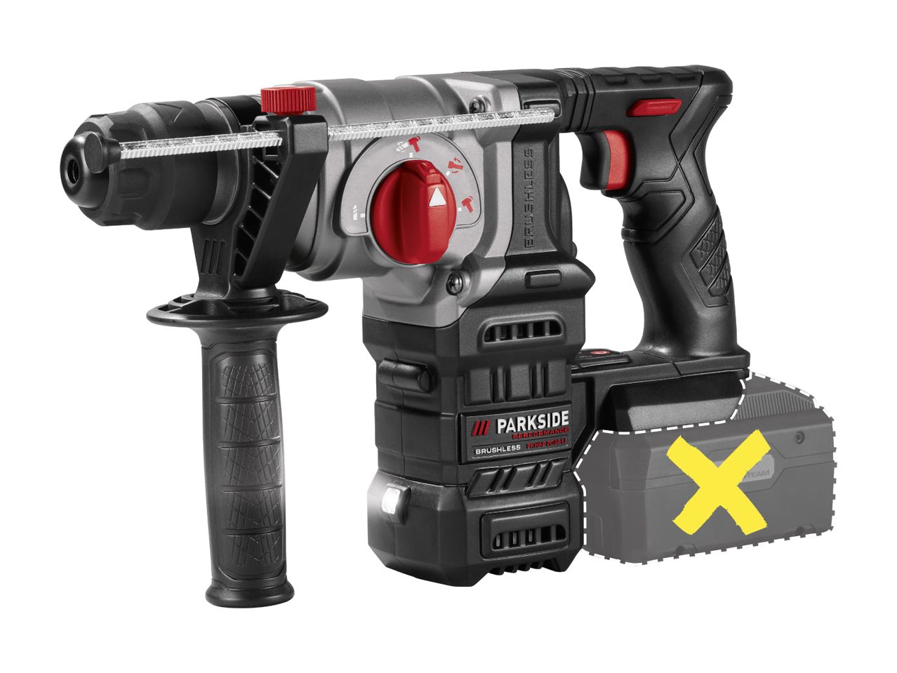 Cordless rotary hammer drill with an auxiliary handle and a missing battery pack.