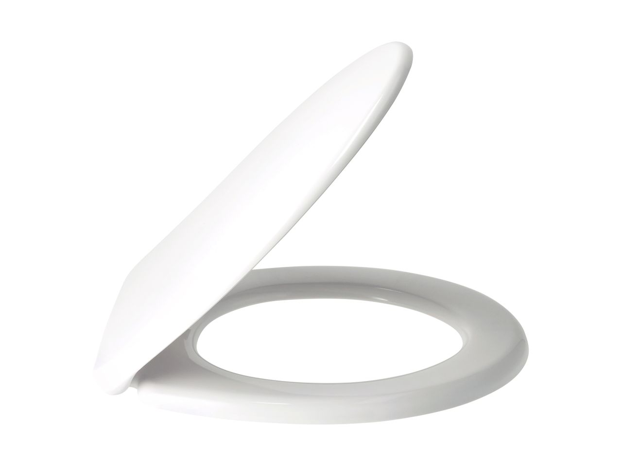 White toilet seat with the lid partially open, isolated on a white background.