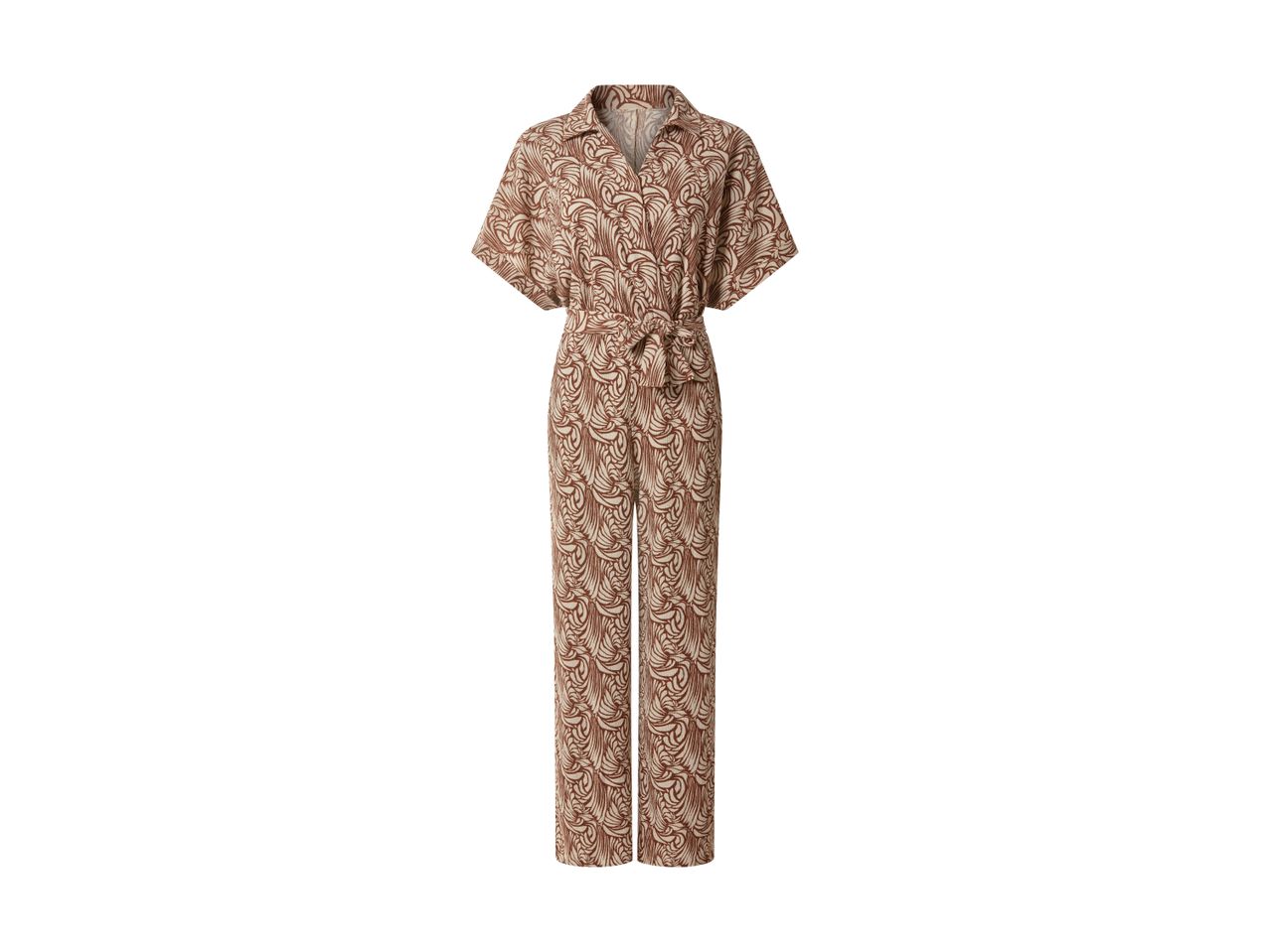 Brun jumpsuit med hvidt mønster og bindebånd i taljen.