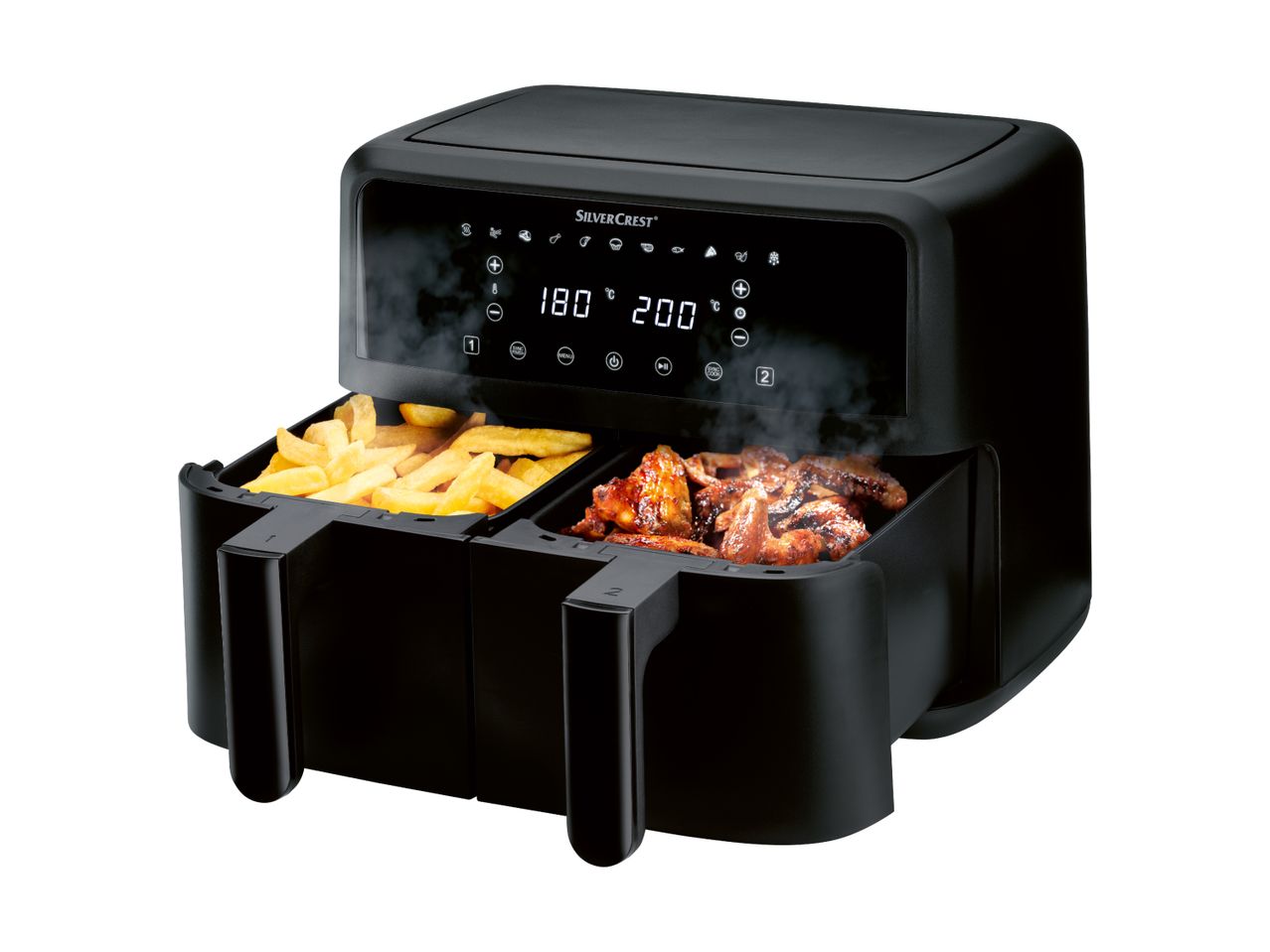 En sort, digital airfryer med mad i kurvene.