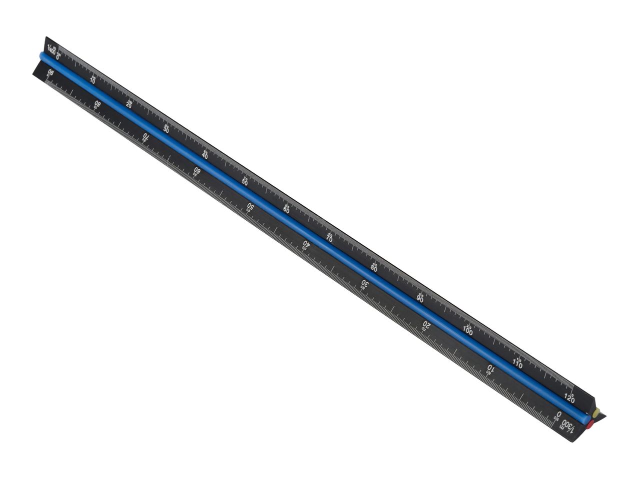 A black triangular architectural scale ruler with a blue center, showing various scales and measurements.