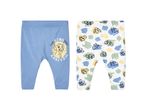 Due paia di leggings per neonati del Re Leone, uno azzurro e uno bianco con stampa.