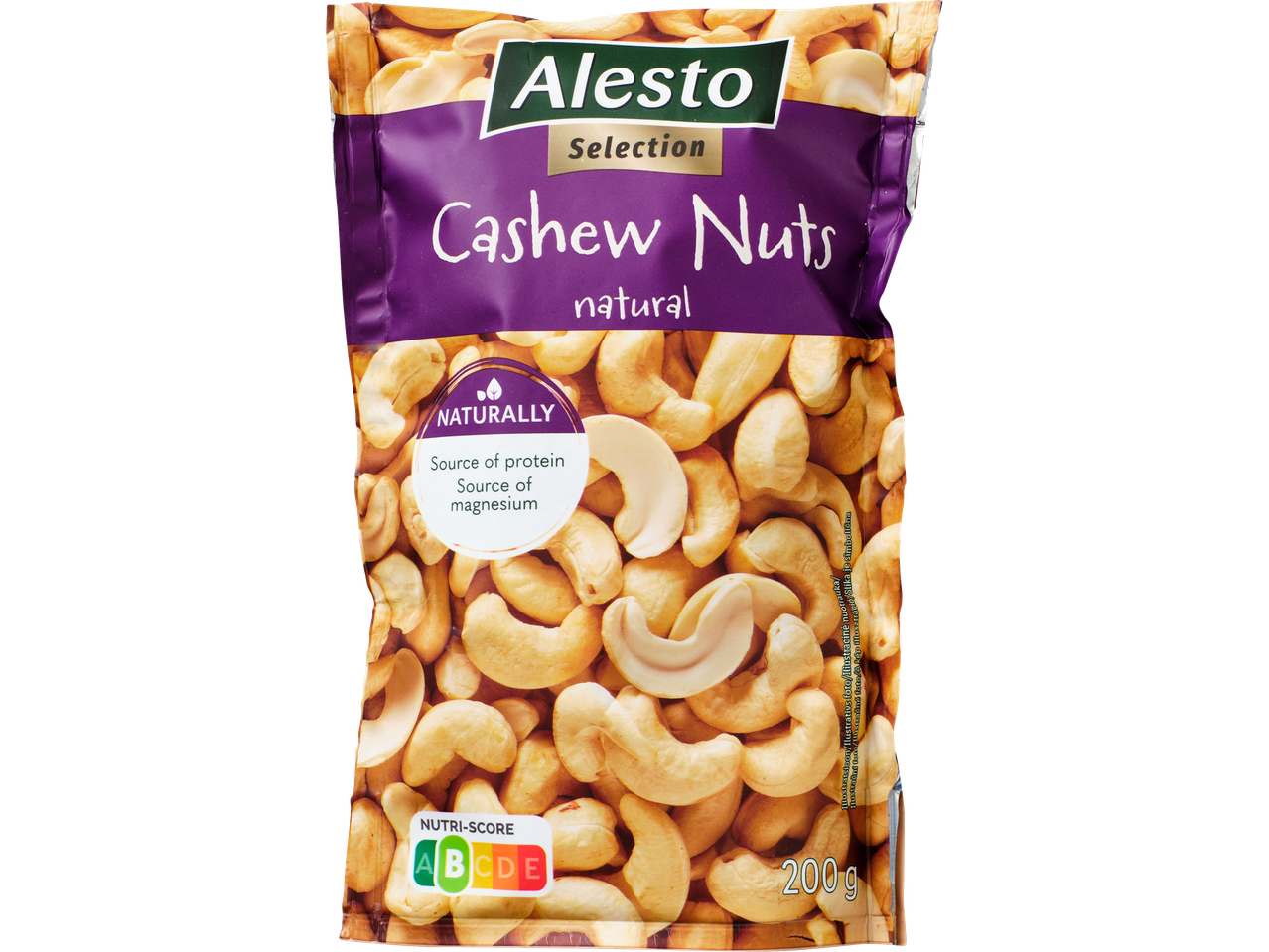 ALESTO Selection natūralūs anakardžių riešutai, 200 g pakuotė su Nutri-Score A.