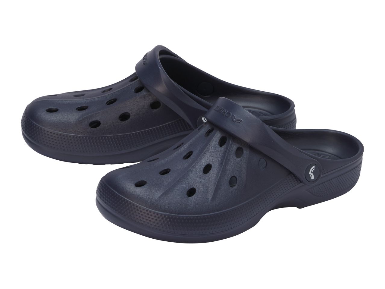 Pair of dark blue clogs with ventilation holes and a movable heel strap.