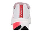 White and red athletic shoe with a prominent heel and textured sole.