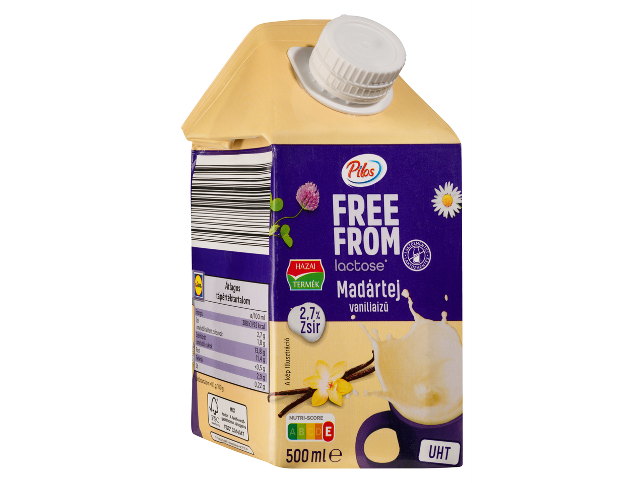 Pilos laktózmentes UHT madártej vanília ízzel, 500 ml-es dobozban.