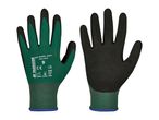 Pair of green and black work gloves with product information and safety standards.