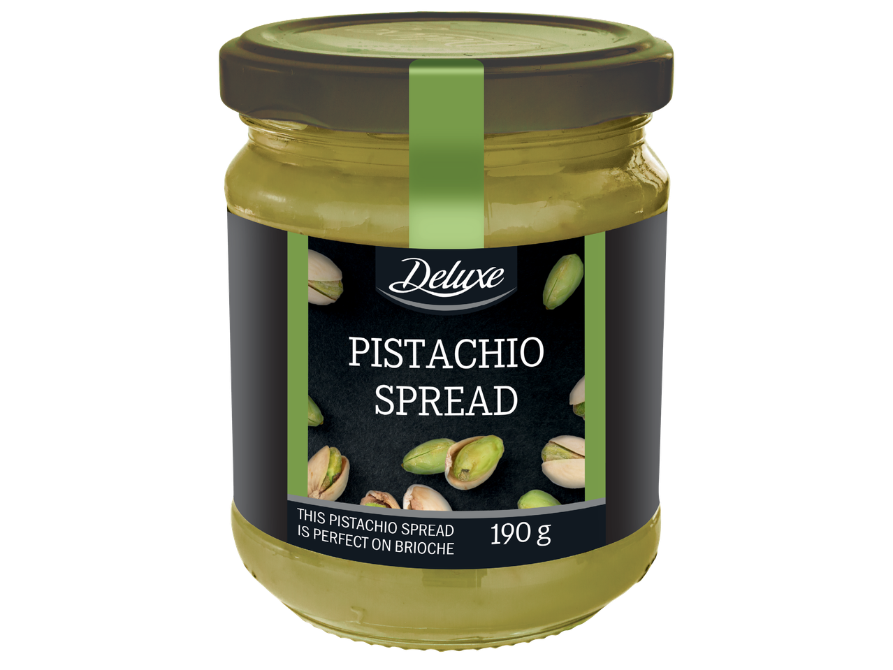 Буркан с шамфъстък паста, с надпис „Pistachio Spread“ и „This pistachio spread is perfect on brioche“.