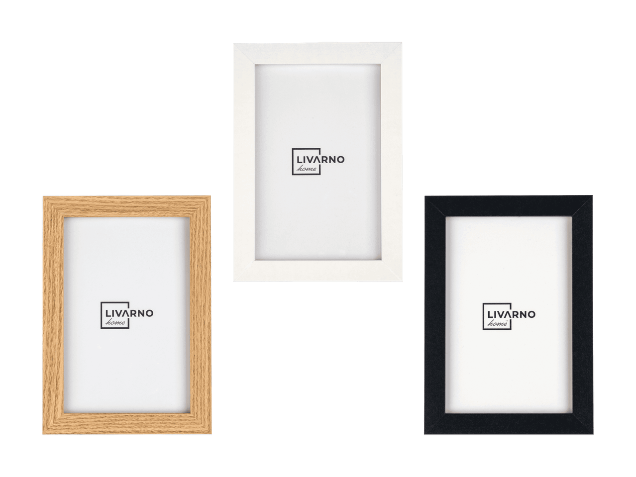 Trois cadres photo LIVARNO home en blanc, noir et aspect bois.