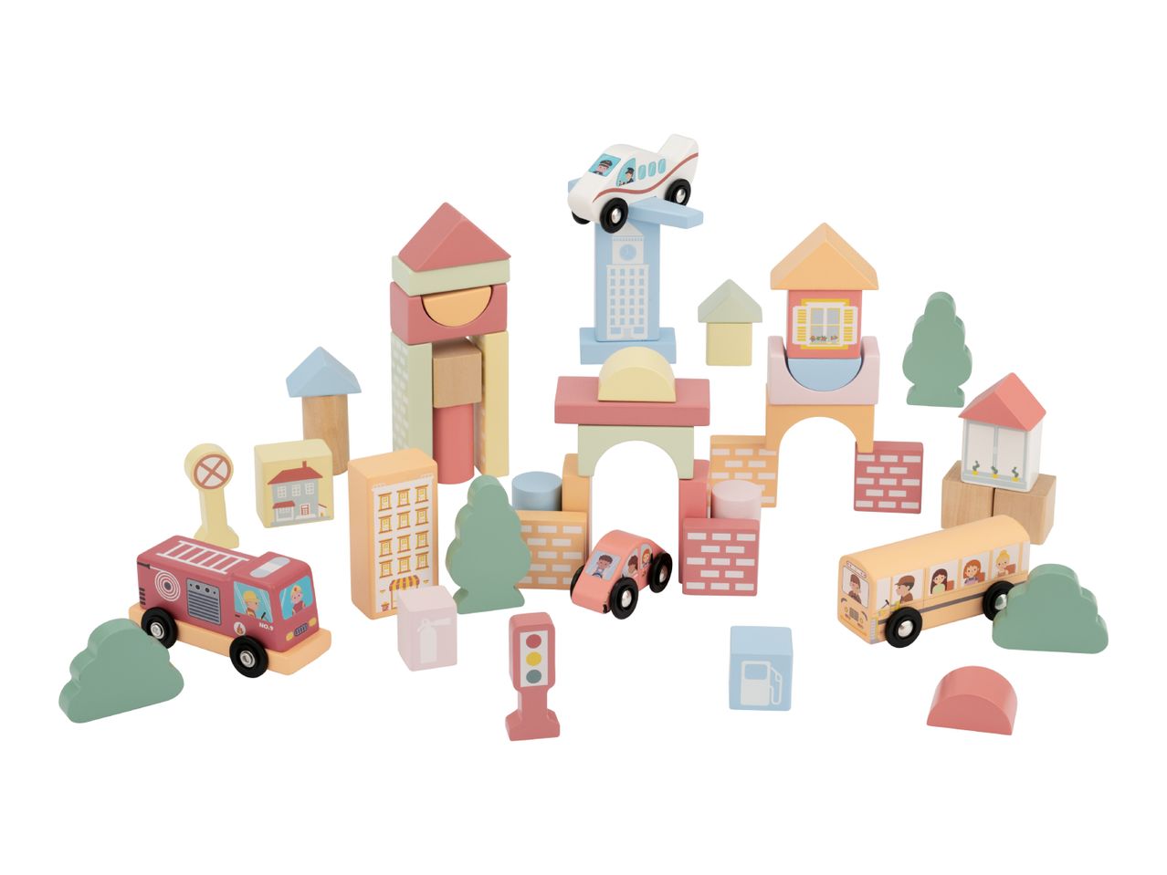 Wooden toy city set with buildings, vehicles like a fire truck, car, bus, and airplane.