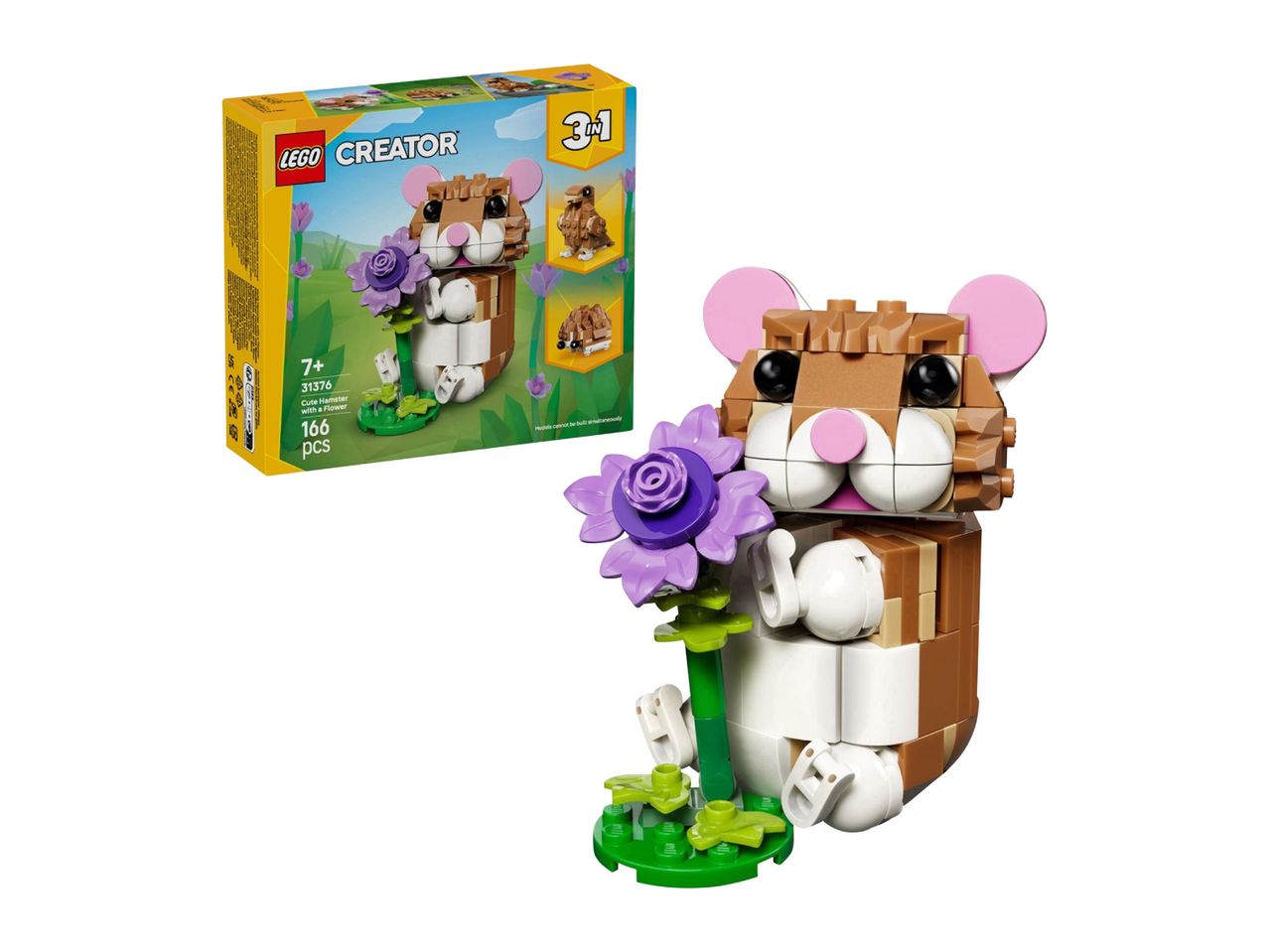 A 3-in-1 building set featuring a cute hamster with a flower, a squirrel, and a hedgehog.